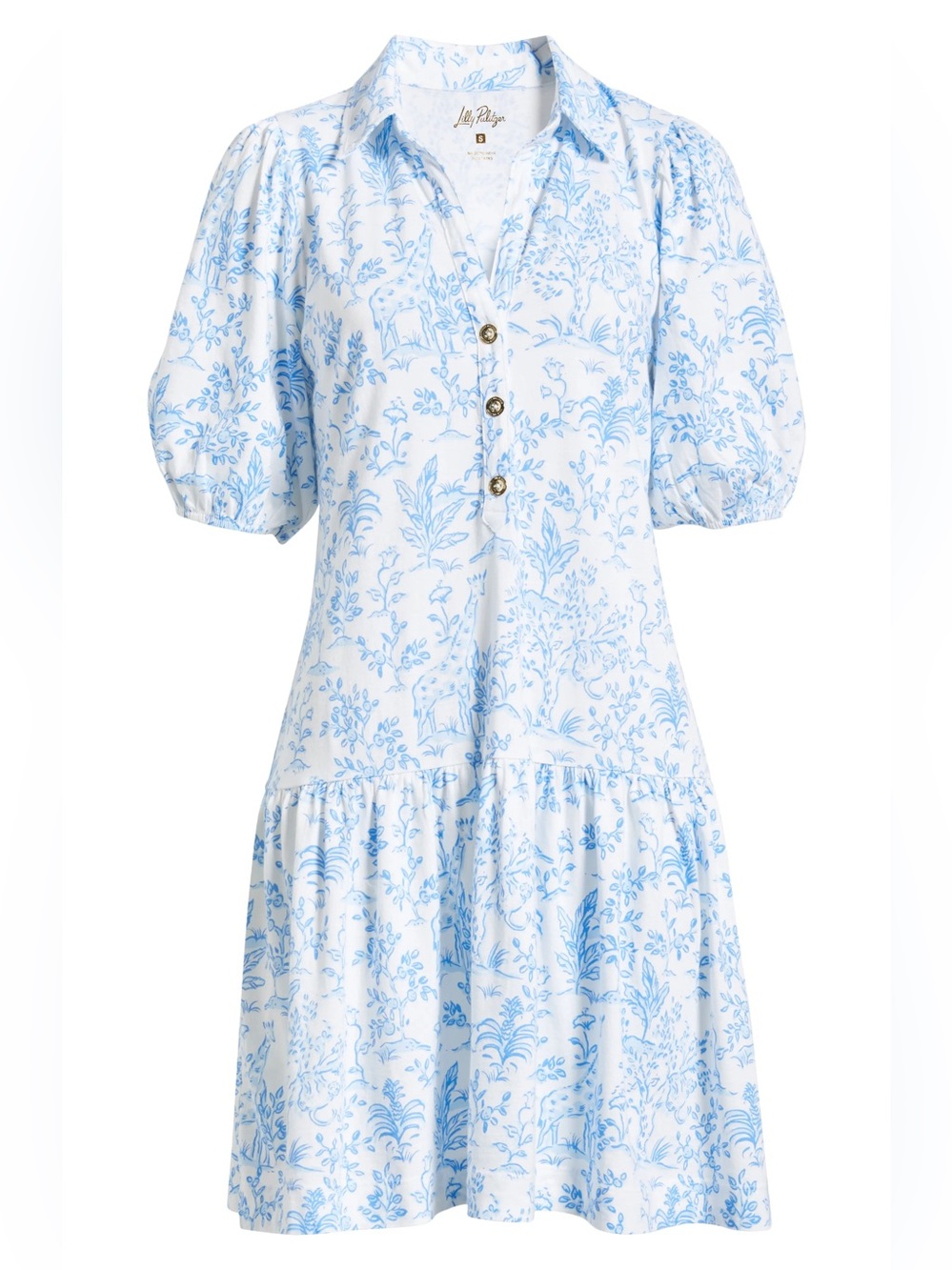 Lilly Pulitzer Blue & White Toile Puff-Sleeve Midi Dress S